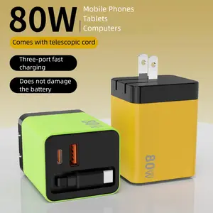 80w GaN Retractable Super-Fast Charger, Dual PD+USB ports for simultaneous fast charging,Built-in Type-C cable,Universal for iPhone / Android / tablets,Certified safe protection