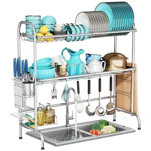MOUKABAL Over The Sink Dish Drying Rack, Over Sink Dish Drying Rack with 2 Tier Utensil Holder,Large Stainless Steel Dish Racks for Kitchen Counter(fit≤33" Sink)