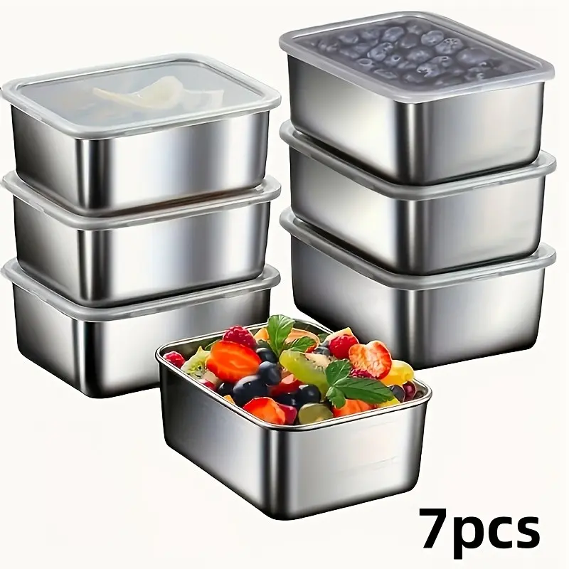 7 Pcs Small Stainless Steel Kitchen Food Storage Containers with Transparent Lids, Stackable Design, Reusable and Easy to Clean, Refrigerator Freezer Seal, Preserving Containers