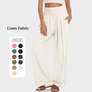Women's Linen Palazzo Wide Leg Pants Elastic High Waisted Baggy Beach Casual Trousers with Pockets Trendy Loose Sportswear