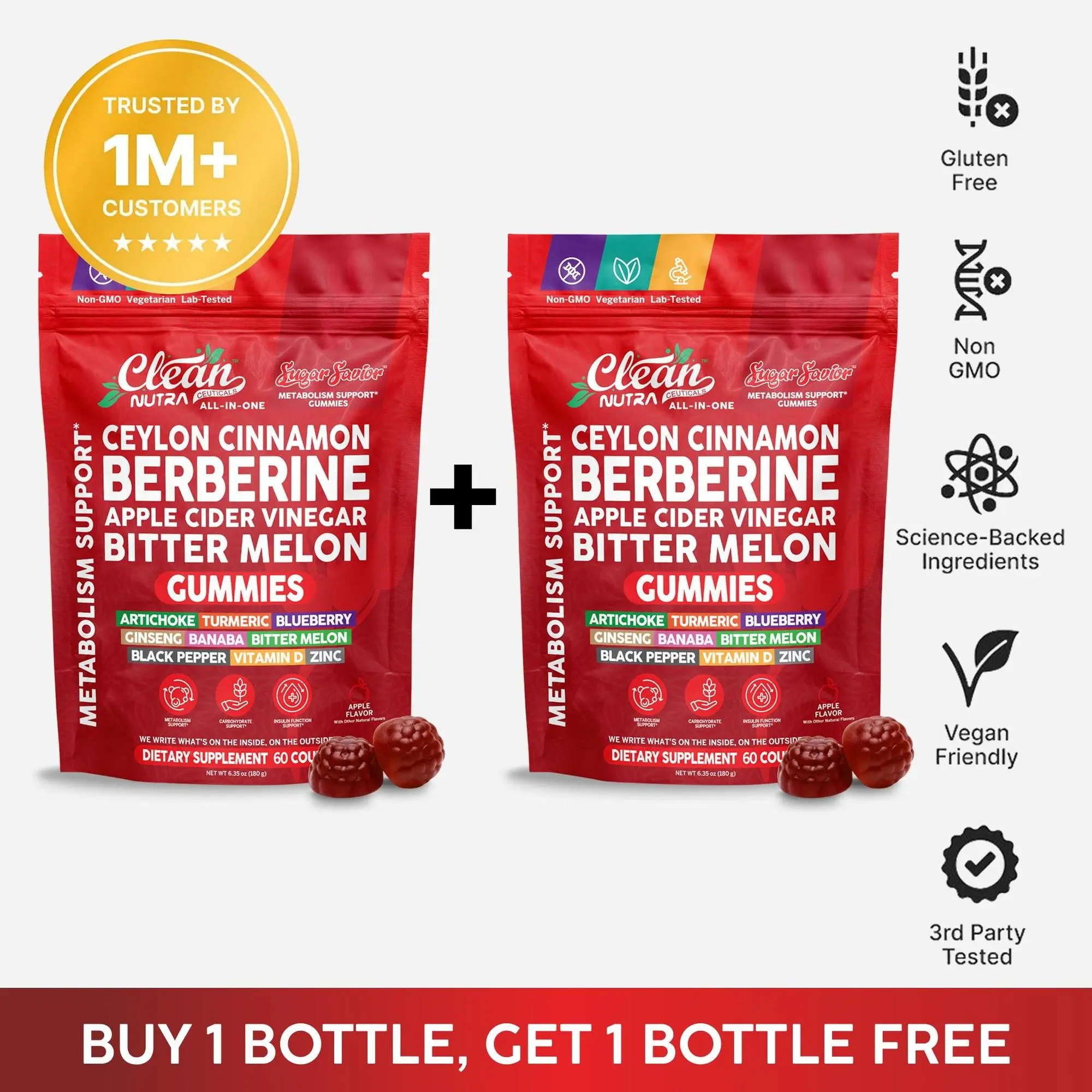 Clean Nutra BOGO | Berberine Gummies Metabolic Wellness Support & Apple Cider Vinegar Blood Sugar Gummy SugarSavior