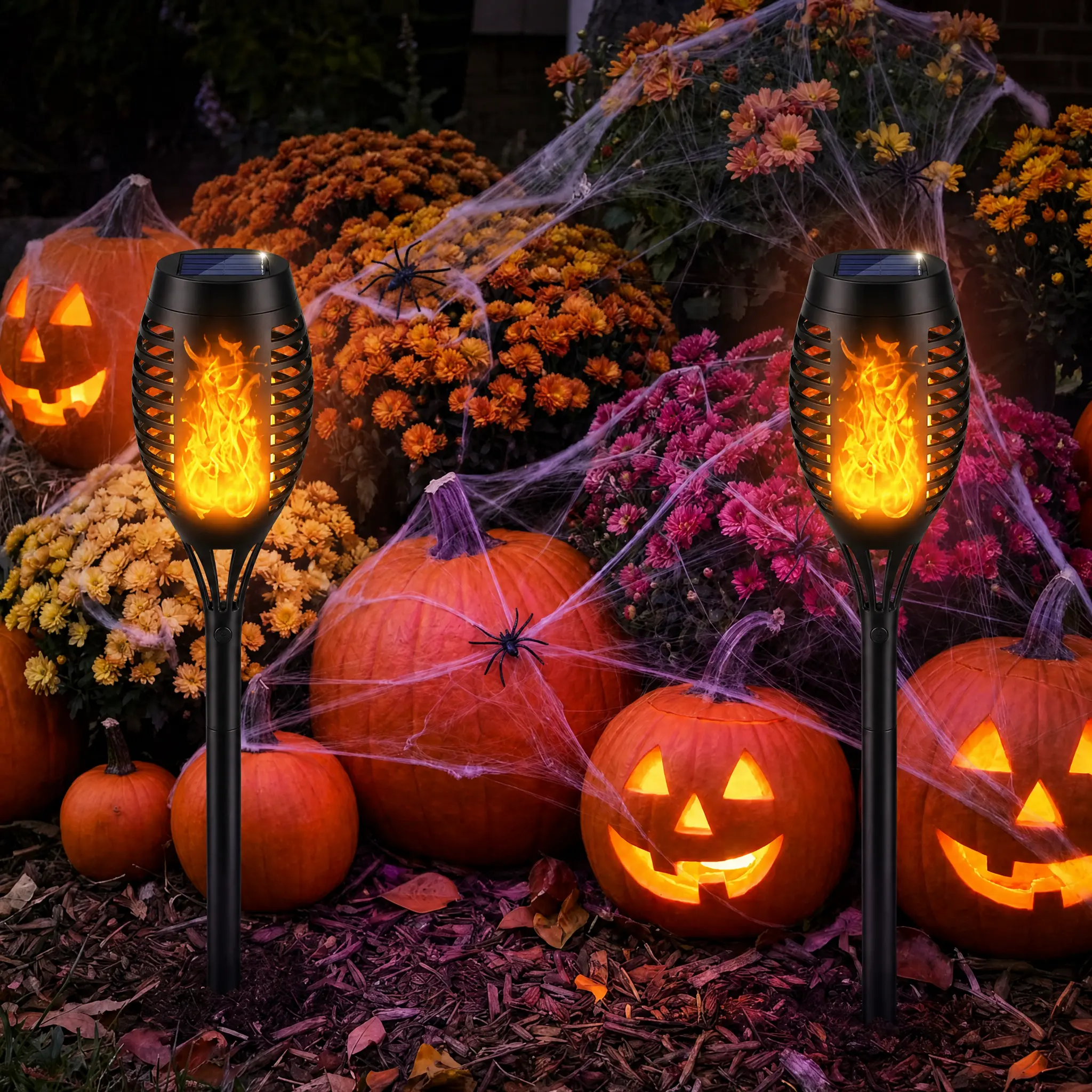 Solar Flame Torch Lights Outdoor, 12/16 Pack Solar Powered Flickering Flame Garden Lights, Waterproof IP65 Outdoor Decorative Pathway Lights, Auto On/Off Flickering Flame Stakes for Yard, Garden, Halloween, Christmas Decor