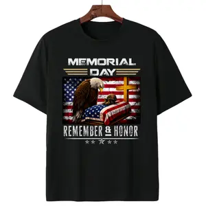 Memorial Day Remember & Honor T-Shirt, Patriotic Eagle American Flag Veteran Graphic Tee, Casual Cotton Short Sleeve, Military Memorial Day Apparel