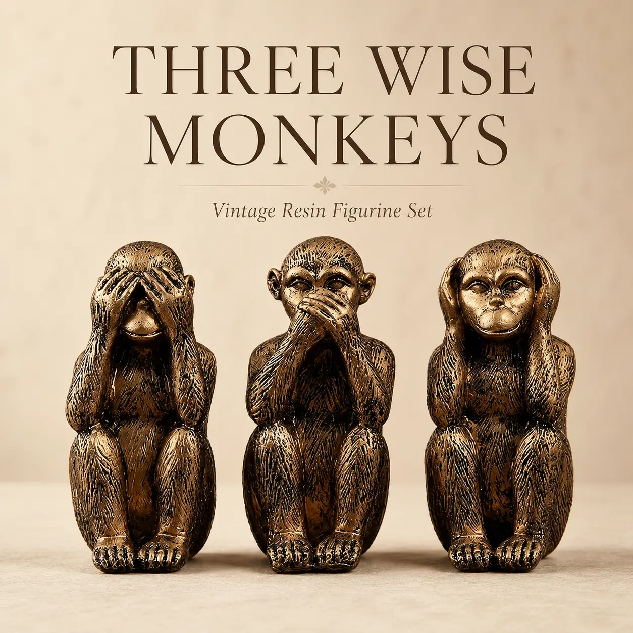 3 pcs Wise Monkeys Resin Figurines, Vintage Bronze Tone Home Decor for Living Room Shelf, Bookcase, Entryway and Office Desk, Small Housewarming Gift for Men, Coworkers and Monkey Lovers