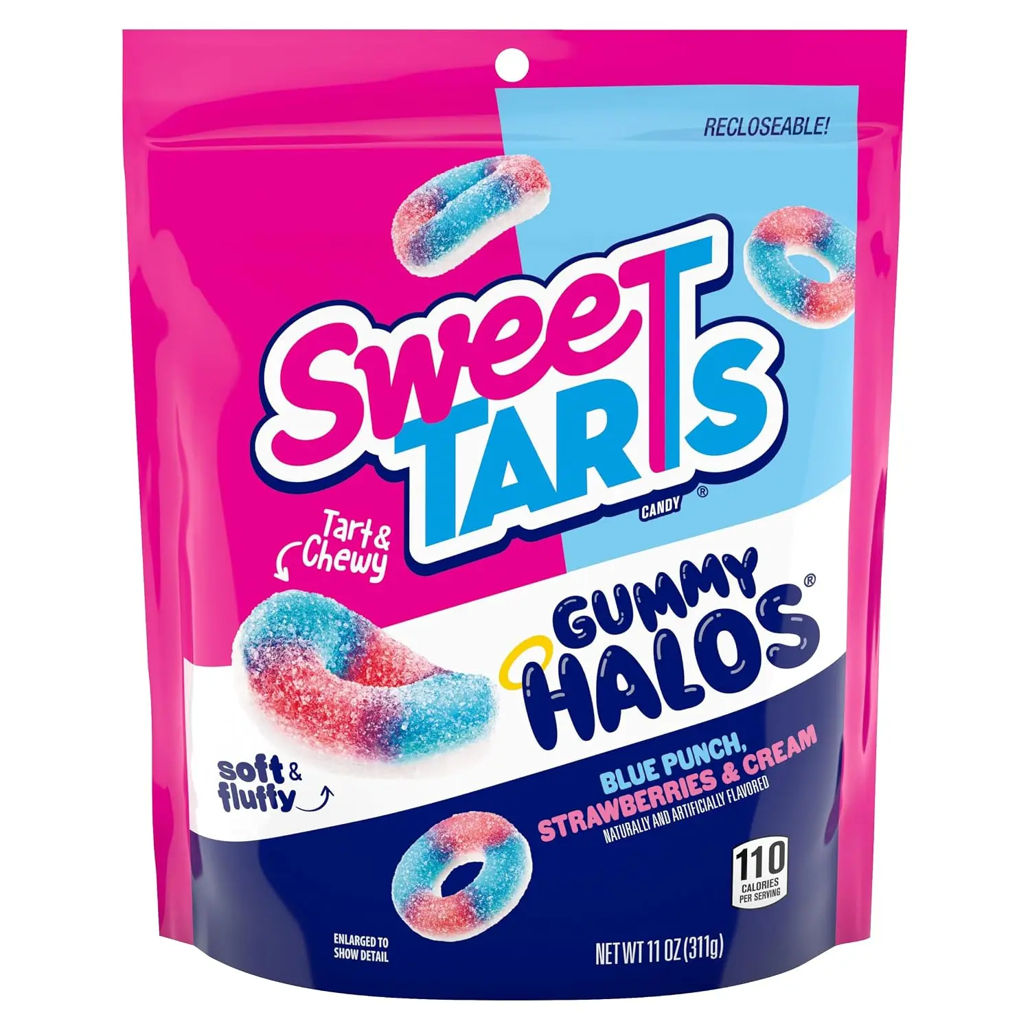 SweeTARTS Halos Blue Punch & Strawberries Cream Candy, Soft Chewy, 11 oz | Soft fluffy chewy halos, dual-flavor blue punch & strawberries cream, resealable share bag, party, snacking
