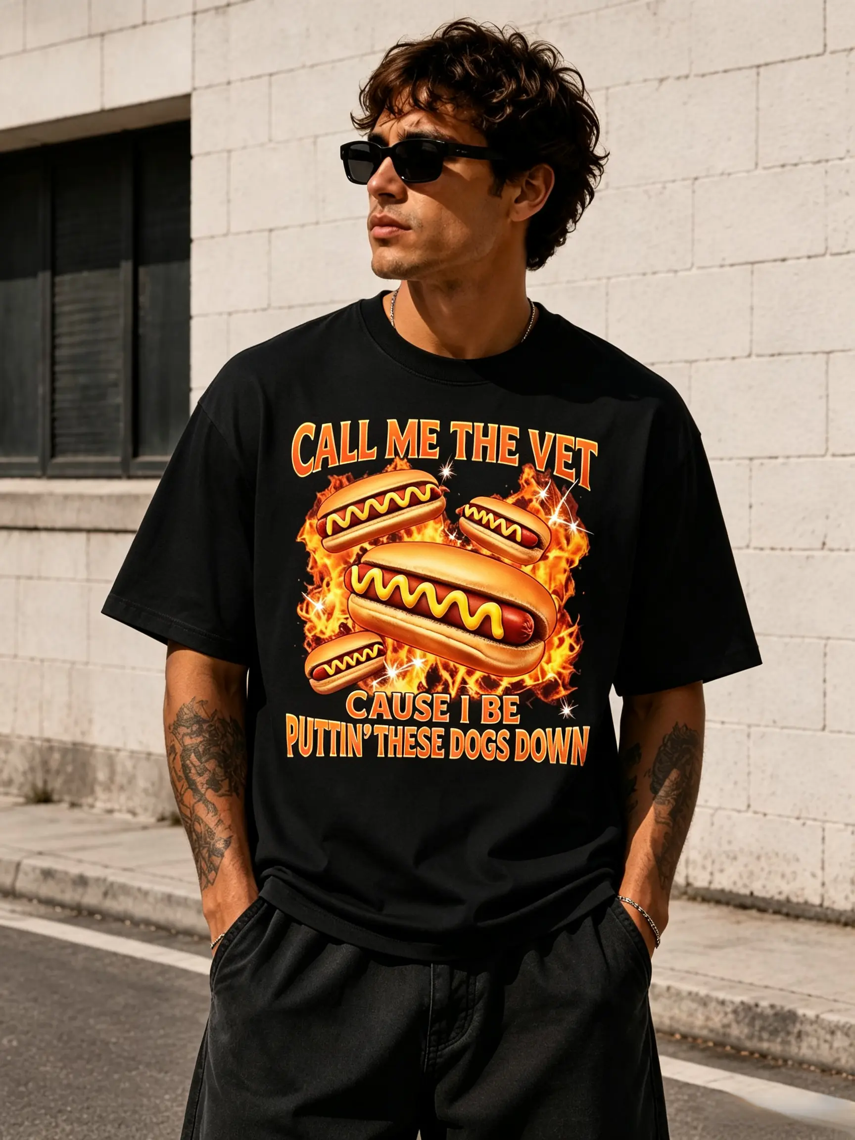 Men's Funny Graphic T-Shirt, Vintage "Call Me The Vet" Hot Dog Novelty Print, Breathable Cotton Blend Relaxed-Fit Casual Top