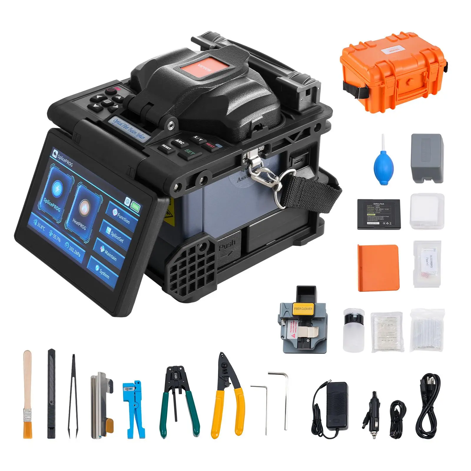 VEVOR Fiber Fusion Splicer 6-Motor, Core Alignment Fiber Optic Splicer 6s Splicing & 13s Heating, Fiber Splicer Machine with 5" LCD Screen, 3 in 1 Fiber Holder, 7800mAh Battery for SM MM DS NZDS Fiber