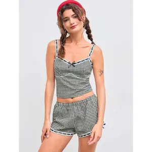 Cider [size 2-10] Cotton-blend V-neck Gingham Bowknot Lace Tirm Cami Top & Low Rise Shorts Set