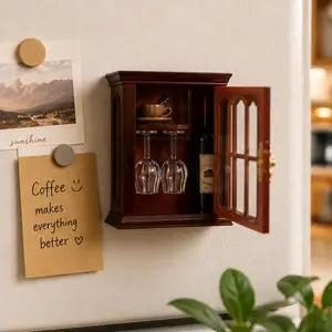 Mini Magnetic Wine Cabinet Fridge Magnet Set, 1:12 Scale Dollhouse Miniature Bar Decor with Wine Bottle, 2 Glasses, Tea Cup & Spoon, Cute Tiny Desk Decor, Aesthetic Room Accessory, Stress Relief Gift