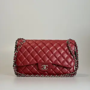 Pre-owned CHANEL Caviar Leather Shoulder Bag Classic Flap Jumbo Double Flap Red Quilted Silver Tone Hardware 41861739