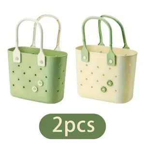 [HOMEGLOBE] Portable Picnic Basket 2-Pack, suitable for outdoor and home use, leak-proof soft bottom with drainage holes, plastic frame, bathroom storage organizer, suitable for showering and washing, can be used for camping, kitchen, and bathroom