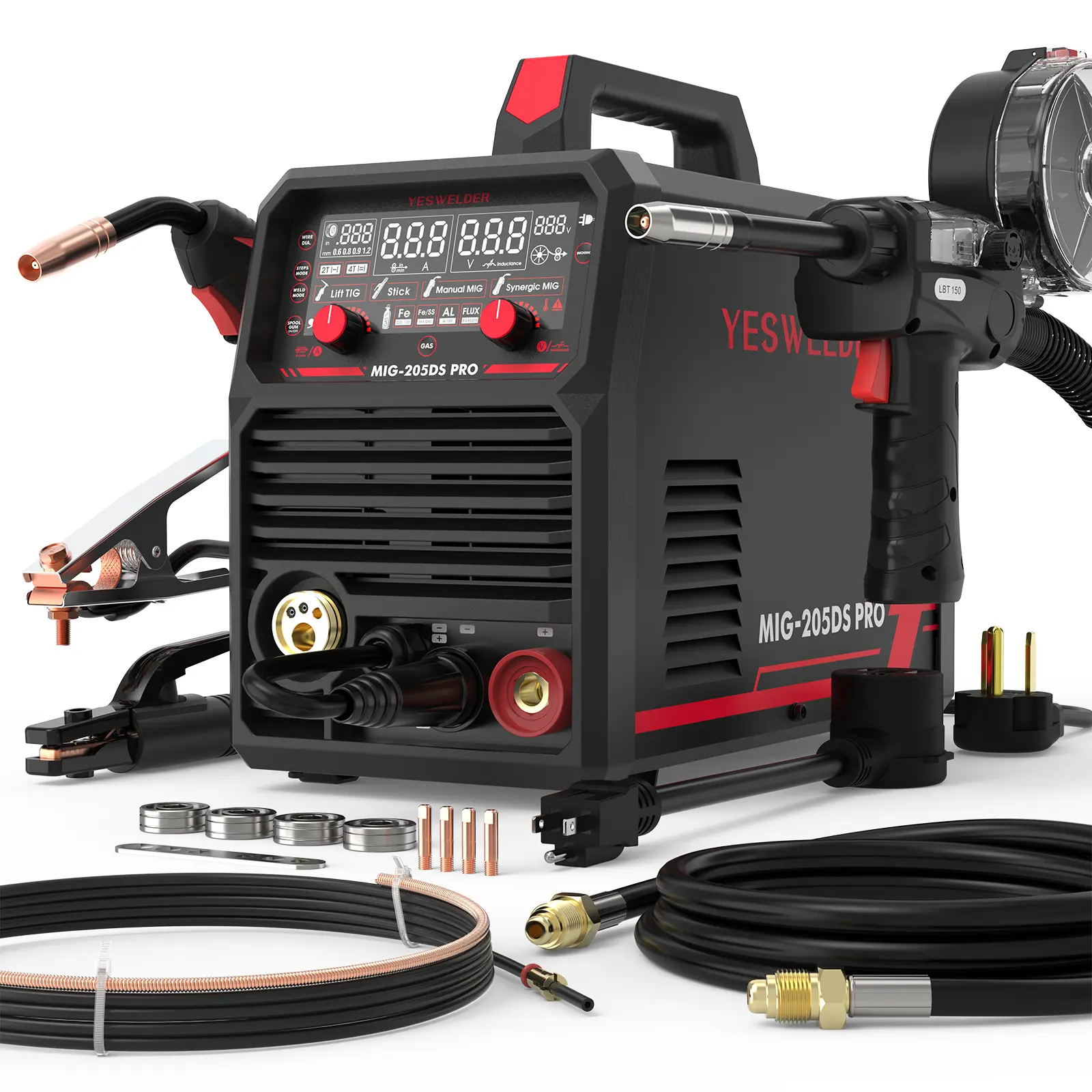 YESWELDER MIG-205DS-PRO&Spool Gun Aluminum MIG Welder 205Amp | Synergic Control, 110/220V   Dual  Voltage   & Large LED Display | 5-In-1 Gas MIG/Flux Core/Spool Gun/Lift TIG/Stick Multiprocess Welding Machine