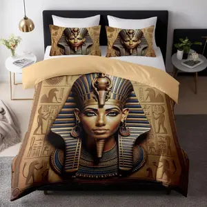 Egyptian Sphinx Bedding Set, 3-Piece Soft Comfortable Sheet Set (1 Fitted + 1-2 Pillowcases), Ancient Civilization Print