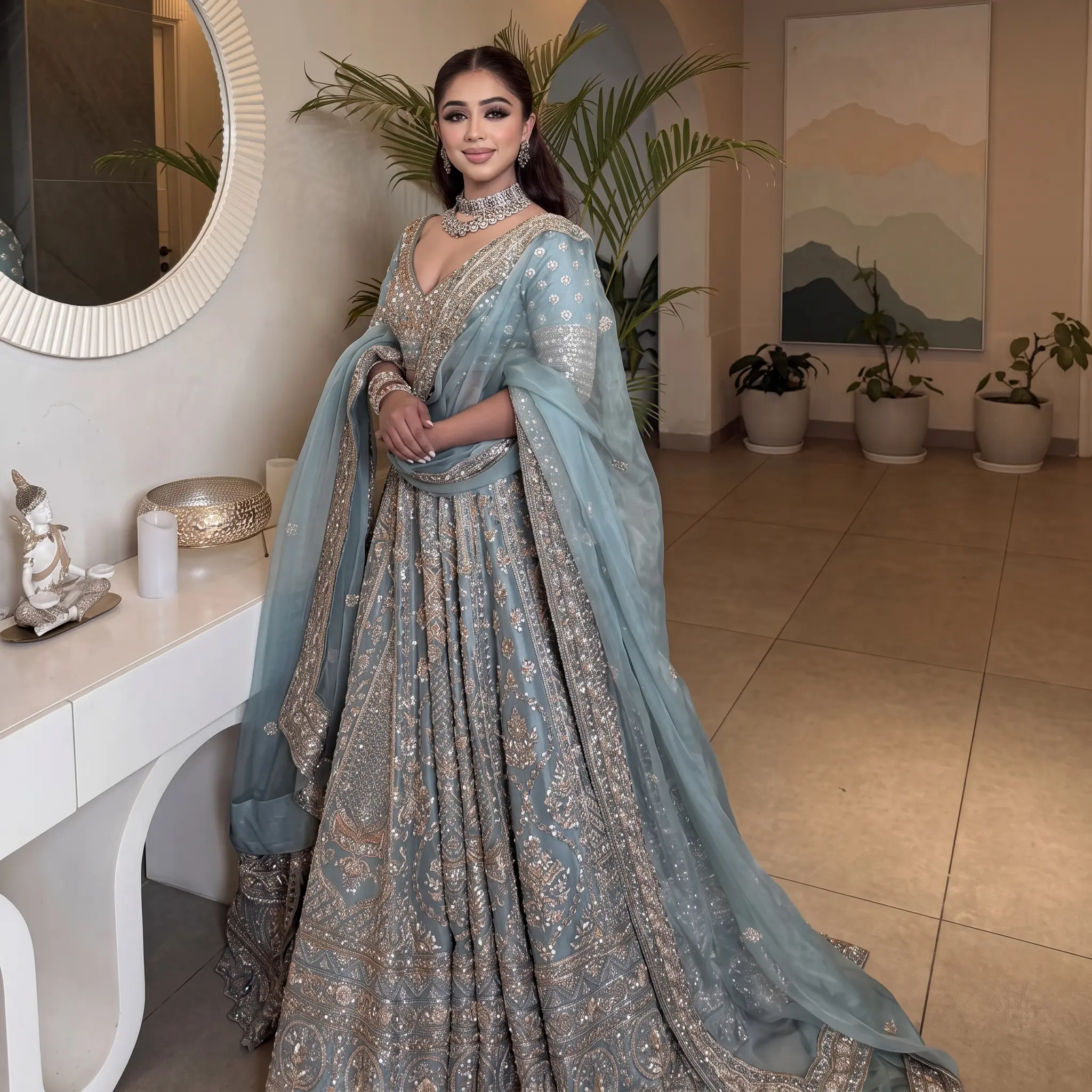Icy Light Blue Silk Heavy Embroidery Lehenga Set