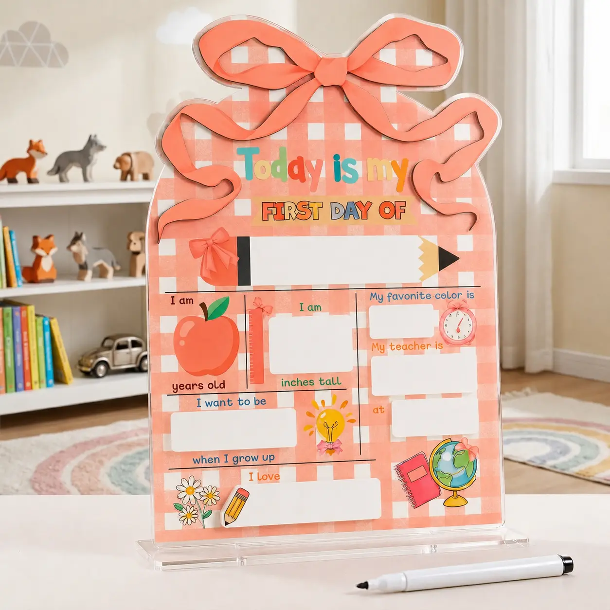 First & Last Day of School Sign Reusable Chalkboard 8" - Back to School Photo Prop Board with Markers, Pink Bow Pencil Notebook Flower Apple Boho Designs, Cute Dry Erase Wooden for Pre-K Kindergarten 1st Grade Teachers Parents Gifts Class of 2026