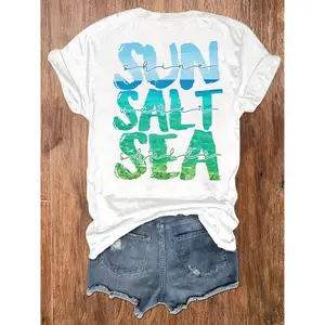 Womens Cotton Short Sleeve Graphic Tee Sun Salt Sea Beach Shirt Summer Vacation Outfit Coastal Aesthetic Soft Lightweight Crewneck Top For Travel