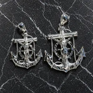 925 Sterling Silver Mariner Crucifix Anchor Cross with Jesus Pendant-Diamond Cut