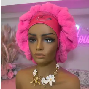 Pink Cotton Candy Fur Bonnet Lightweight Shower Satin Accessory for Cold Weather Fashion & Haircare Soft Plush Fur Exterior Colorful Pastel Hue