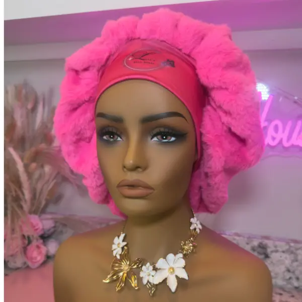 Adult Satin Thermal Hair Cap - Adjustable Satin Bonnet Shower Cap, Pink Cotton Candy Fur Exterior, Lightweight, Plush Warm, Pastel Hue, Elegant Playful Cold Weather Bathroom Home Supply Accessory, Fur+Satine