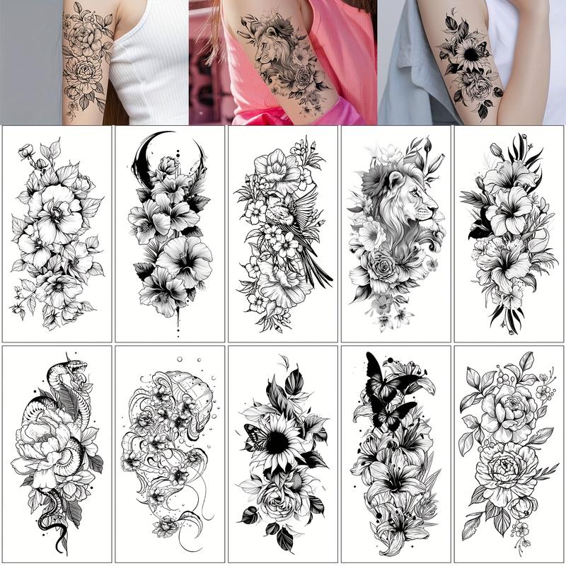 Women's Unscented Normal PVC Glitter Waterproof Temporary Tattoo Sheet Set - 10 Large Half-Arm Sheets with Butterfly, Floral, Snake Designs, for Party-Casual Use, Children's Body Art, Festival Accessory