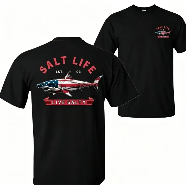 Salt Life Live Salty Sharkk T-Shirt, American Flag Shark Graphic Tee, Cotton Unisex Shirt, Coastal Lifestyle Apparel for Men & Women, Beach and Fishing Lover Gift
