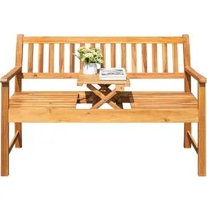 HOMALL Outdoor Bench 2-Person Acacia Garden Chair Patio Porch Furniture with Foldable Small Table Plate for Deck, Yard, Balcony, Natural