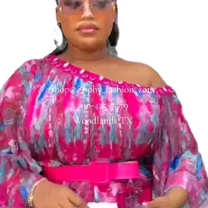 Aephya Fashion Zone Long Flared Pink Flowery Dress Off Shoulder with Pink Belt Woodlands TX