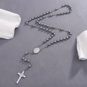 1pc 6mm bead Stainless steel Virgin Mary Rosary Necklace Golden Y-Shape Black Catholic religious items clearance cross necklace For women christmas gifts stainlesssteel jewelry