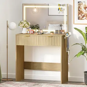 Modern Fluted Vanity Desk with Large LED Mirror – 3-Color Adjustable Lighting, 2 Drawers, Power Outlet, USB Ports, Hair Dryer Holder – Makeup Table for Bedroom – Natural Oak Finish