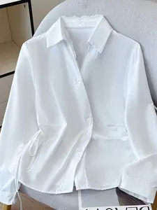 Spring New Women's Lace Patchwork Shirt Design, Asymmetric Waistline Top, Stylish Casual Blouse for Ladies, Fashionable Clothing