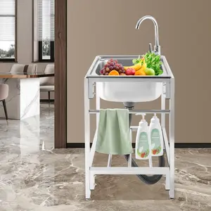 Stainless Steel Single Bowl Farmhouse Freestanding Sink, 1 Hole, Brushed Finish, Central with Basket Strainer Faucet