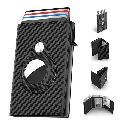 Mens Smart Wallet Card Holder for Air Tag, Minimalist Wallet with RFID Blocking, Slim Pop up Card Case Wallet with 9-14 Card Capacity, Air Tag Wallet with ID Window & Cash Slot