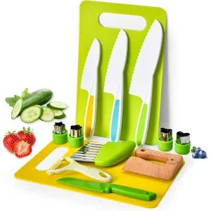 Montessori Kids Knives for Real Cooking, 13 Pieces Wooden Kids Kitchen Knife Set Include 4 Serrated Edges Plastic Toddler Knife,Crinkle Cutter Y Peeler Cutting Boards and Wood Toddler Safe Knife