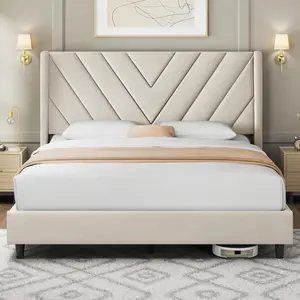 Queen Upholstered Platform Bed Wingback Tufted Headboard Wooden Slat Support No Box Spring Needed Beige Customized