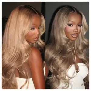 13x6 Ombre Milk Tea Ash Blonde With Brown Roots Colored Lace Frontal Wig Body Wave Human Hair 200% Density With Adjusted Band Pure Luxury Human Hair HD Transparent Lace Frontal Wig Pre-Plucked With Baby Hair Can Be Restyled