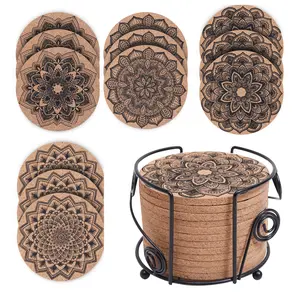12 Pack Cork Coasters with Coaster Holder - 4 Beautiful Unique Mandala Designs - Perfect Gift! Set Tableware