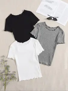 Women's Plain Lettuce Trim Ribbed Tee, Casual Short Sleeve Round Neck T-shirt for Daily Wear, Ladies Clothes for All Seasons