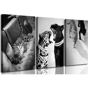 Inner Wooden Framed 3 Pcs Black And White Cheetah Canvas Wall Art Vintage Trendy Wild Leopard Painting Picture Wall Decor Poster Print Artwork For Bedroom Living Room Apartment Home Decoration(12L" X 16H")
