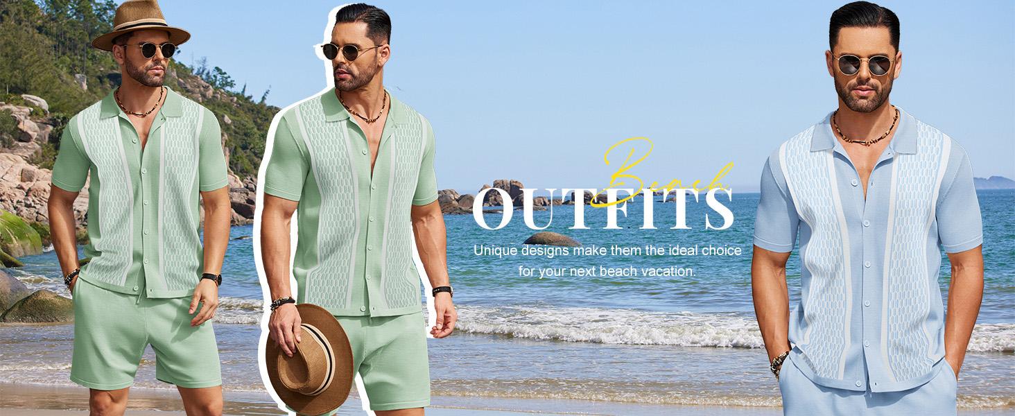 COOFANDY Men's 2 Piece Outfit Vintage Short Sleeve Button Down Knit Polo Shirts Casual Beach Shorts Sets