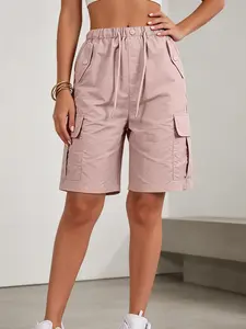 Womens Cargo Bermuda Shorts Elastic Drawstring Waist Knee Length Half Pants Y2K Streetwear Techwear Functional Multi Pockets 2026 Summer Casual Baggy Loose Fit Effortless Edgy Utility Everyday Apparel Lightweight Outdoor Bottoms