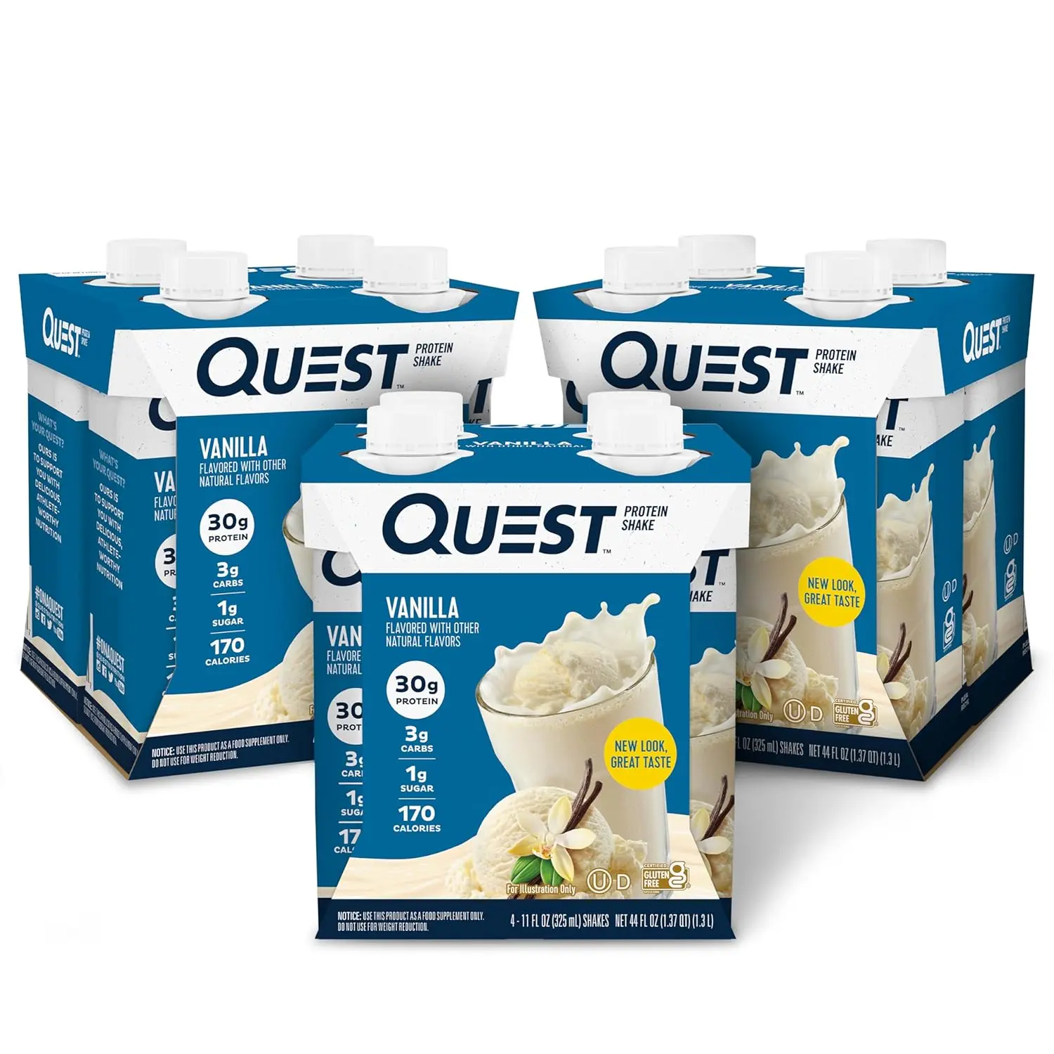 Quest Vanilla High Protein Meal Replacement Shakes Beverage, Refrigerated Ready-to-Drink, 30g Protein, 3g Net Low-Carb, Gluten-Free, Keto-Friendly, 11 fl.oz Single-Serving, 4-Count (Pack of 3), High Protein Drink