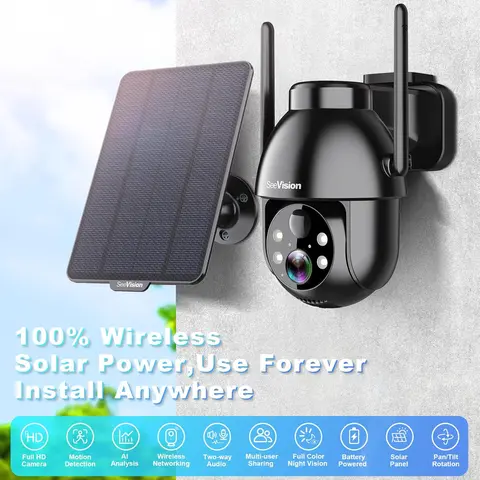 SeeVision C8 Black 3MP Camera Security - 100% Wireless Solar Power 2K Home Security Camera, 30x Digital, 60fps Frame, WiFi PTZ, Spotlight, PIR Motion Detection, Siren, Color Night Vision, 2-Way Audio, Waterproof, Wall Mount, SD Card Compatible
