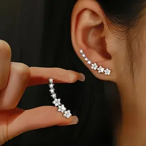Flower Ear Climbers Earrings For Women, 925 Silver Needle Dainty Cz Star Shiny Stud Cuff Crawler Earrings For Bride Wedding Valentine'S Day Christmas Jewelry Gift