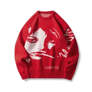 2026 Spring/Autumn/Winter Artistic Portrait Print Sweater with Letter Decoration Trendy Cool Comfortable Skin-Friendly Unisex Knitted Casual Crew Neck in Black Red Grey Dark Green Multi-Color