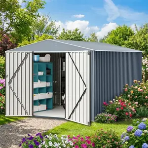 Grey/Brown 8x12/10x10 FT Large Outdoor Metal Storage Shed with Lockable Secure Doors & Heavy-Duty Sturdy Frame, Spacious Garden Tool Shed Perfect for Backyard Patio & Lawn Equipment Organization