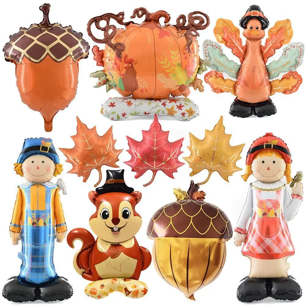 Iridescent Foil Balloons, Multiple Shapes (Scarecrow, Turkey, Pumpkin, Maple Leaf, Squirrel, Pinecones) with Varied Sizes & Several Pieces, Fall Harvest Thanksgiving Home Decorations