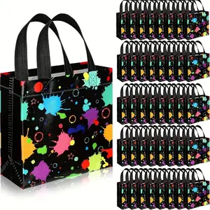 Glow-In-The-Dark Gift Bags, 40pcs Neon Fabric Party Favor Bags with Handles, Colorful Splatter Design, Perfect for Parties & Events