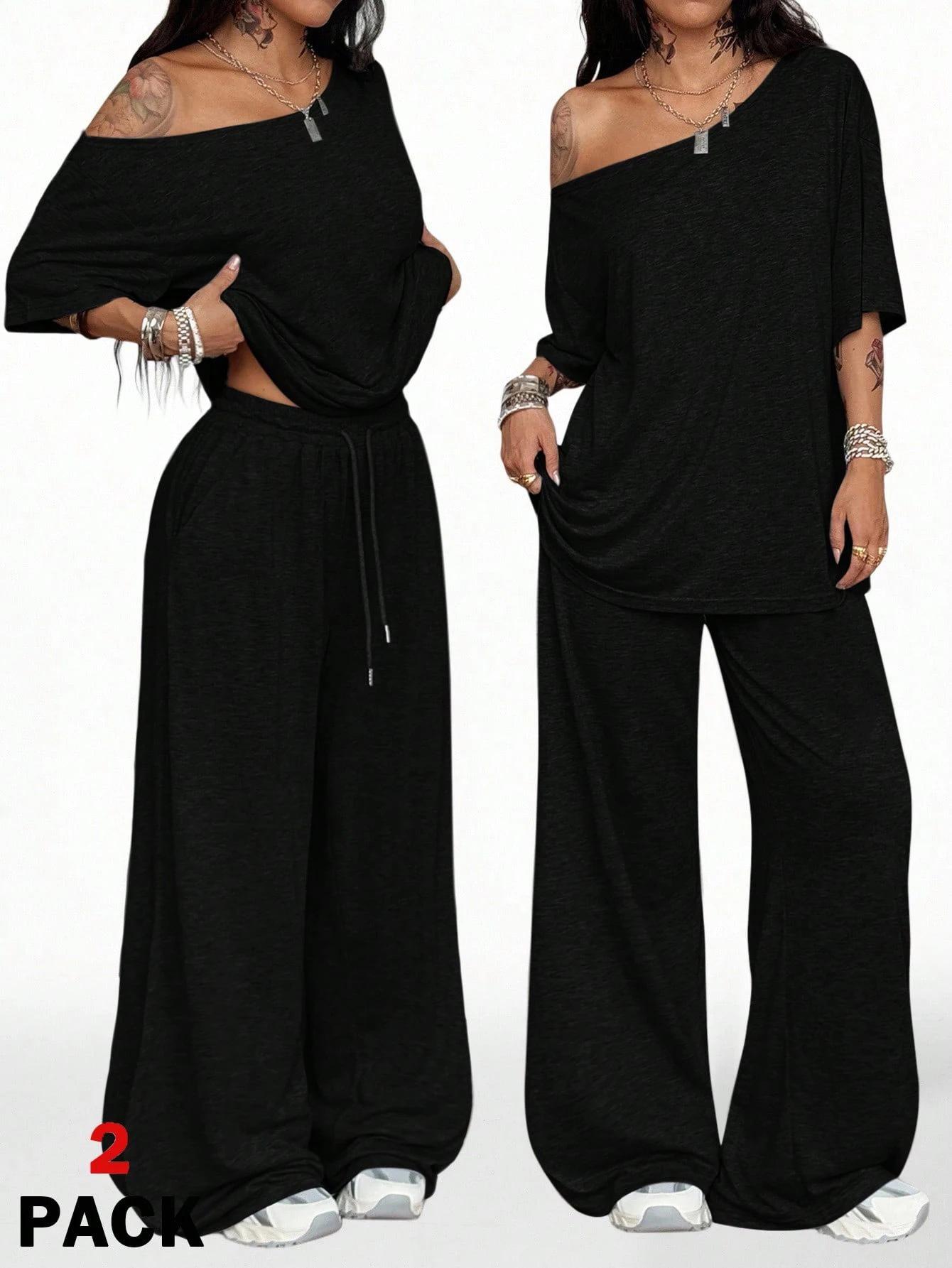 Women's Casual Solid Color Sport Two-Piece Set, Loose Long Pants & Wide Leg Slant Neck Pant Suit, Spring & Fall Fashion