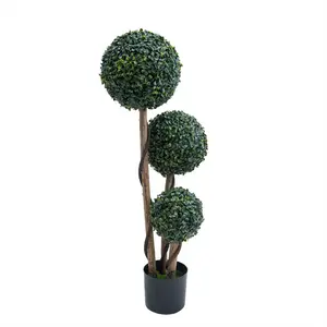 35/45 Inch Artificial Topiary Tree, Triple Ball Fake Boxwood Plants, Indoor Outdoor Faux Milan Grass Ball Topiary Trees with Strong Wood Trunks for Living Room, Home Office, Porch, Patio