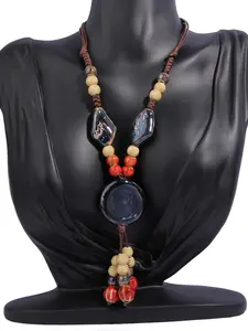 Vintage Literary Ethnic Long Sweater Chain for Girls, Classical Handmade Ceramic Pendant Accessory, Chinese Style Jewelry, Exquisite Chain Jewelry